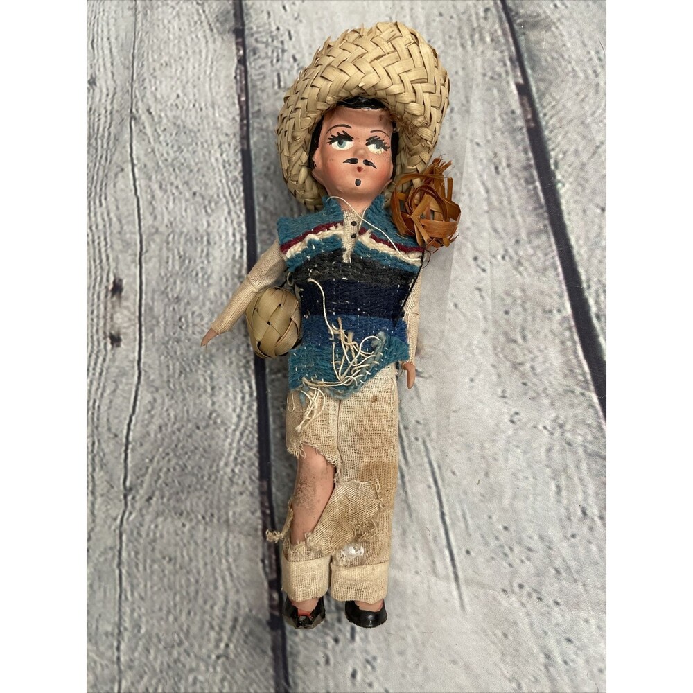 Vtg MEXICAN MALE Boy DOLL SOMBRERO Hat SERAPE Vest Baskets Composition